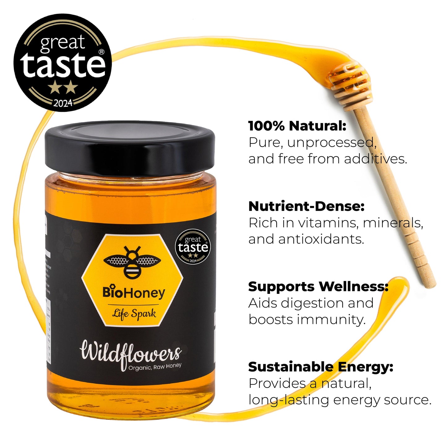 Award Winning Great Taste Organic Raw Honey Wildflowers 500g Honey - BioHoney