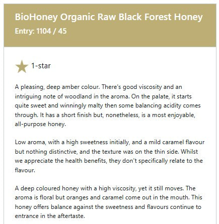 Award Winning Great Taste Organic Raw Honey  Black Forest 300g