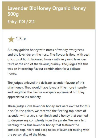 Award Winning Great Taste Organic Raw Honey Lavender 500g Honey