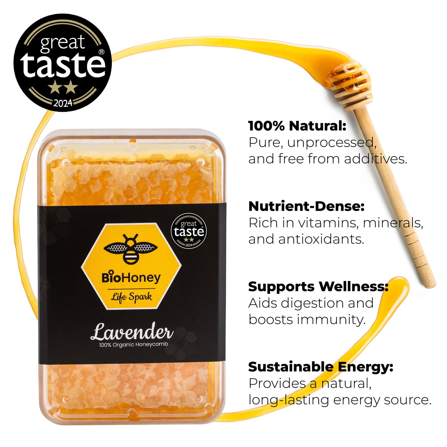 Award Winning Biohoney Organic Raw Honeycomb Lavender 200g - BioHoney